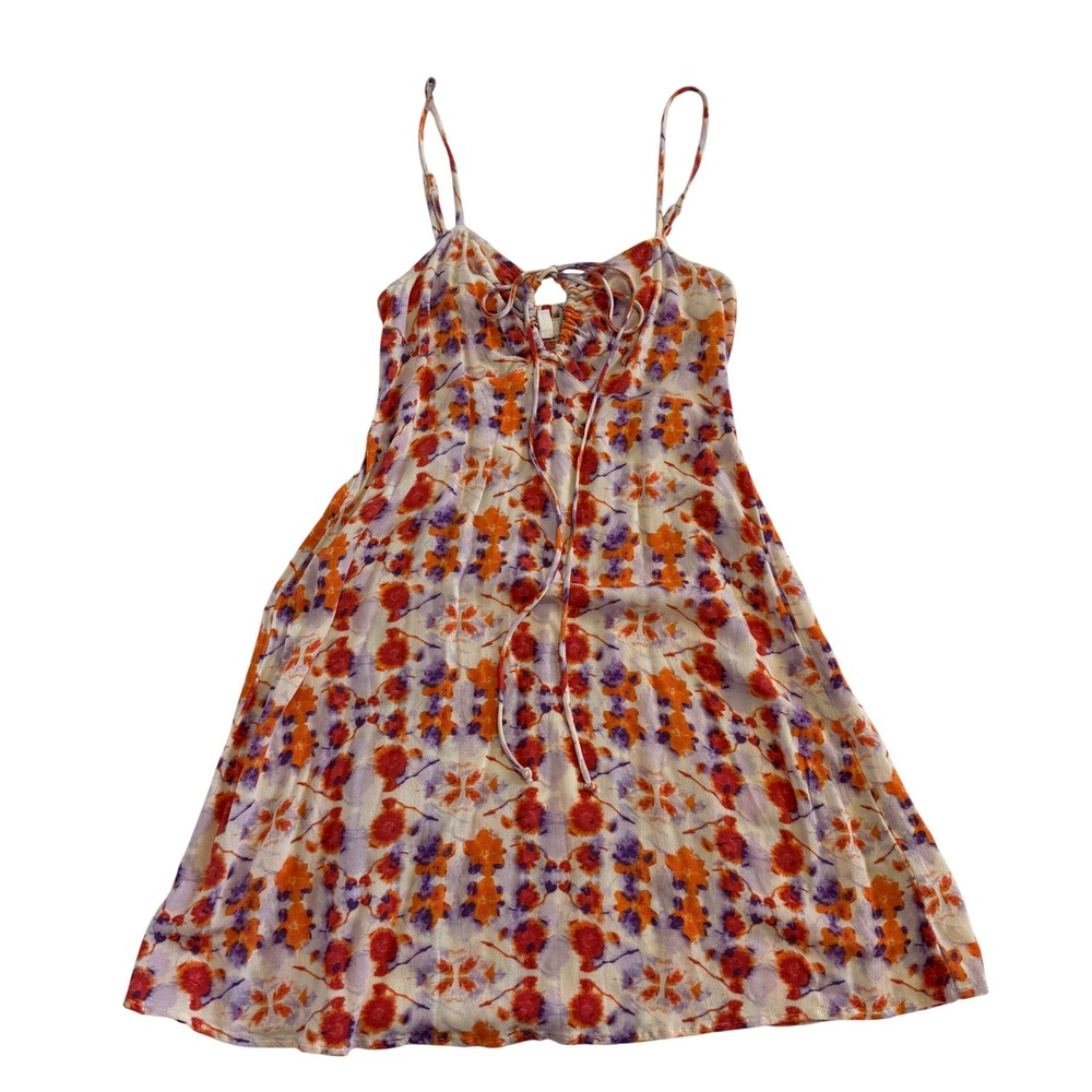 Aerie Floral Mini Dress XS Orange Purple Tie Keyhole Spaghetti Strap Viscose
